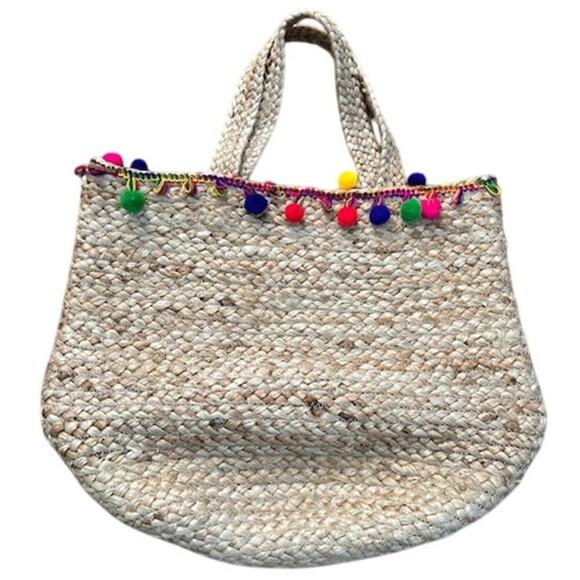 Shiraleah Chicago Woven Jute Tote Bag with Pom Pom Trim Francesca’s NWT - Picture 3 of 5